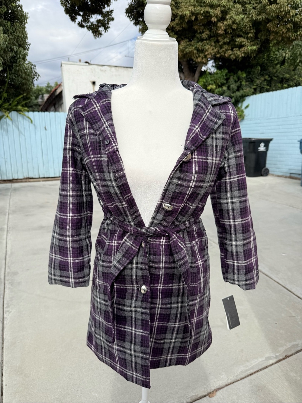 Kenneth Cole Reaction Purple Plaid Hooded Belted Trench Coat